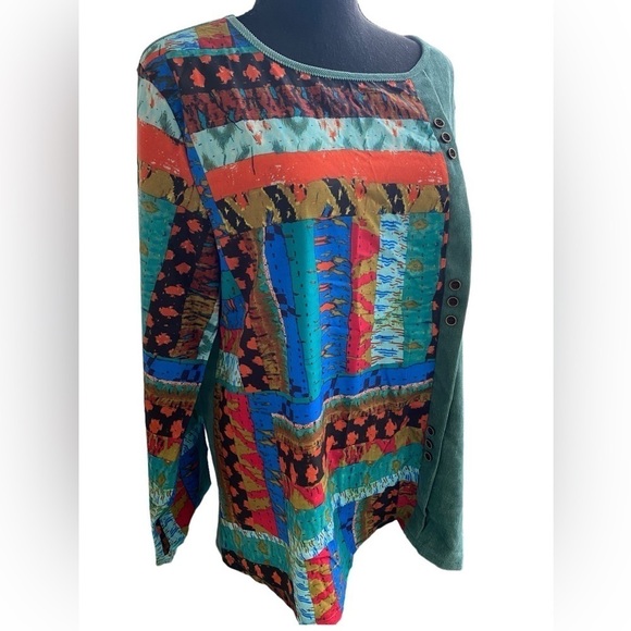 Zanzea Mixed Media Corduroy Top Ethnic Print Buttoned Women’s XXL Green Spl… - Picture 11 of 14